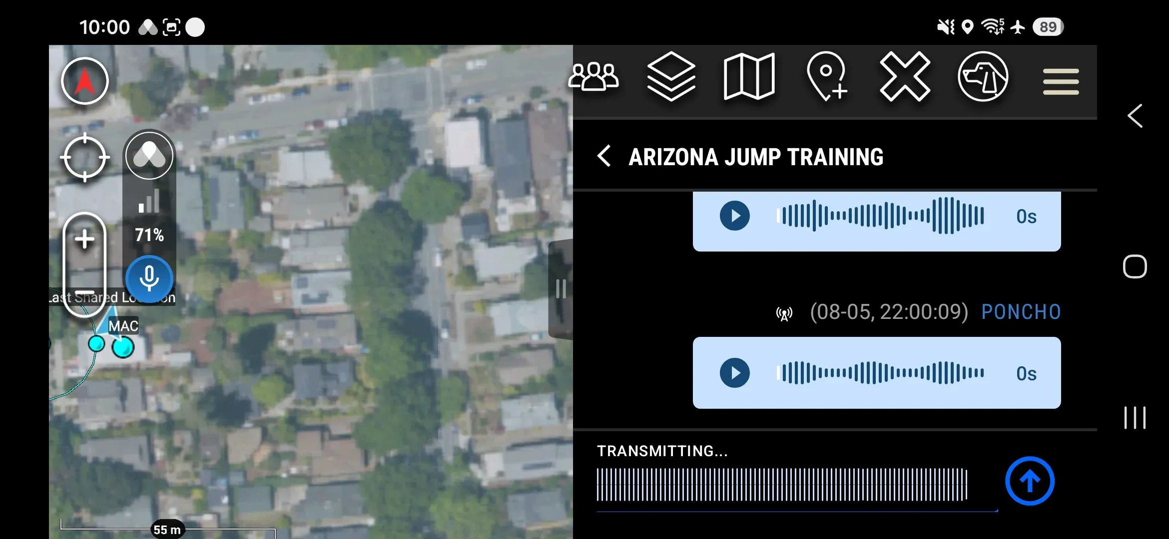 A broadcast transmitting in the Arizona Jump Training Workspace channel, showing the live waveform.