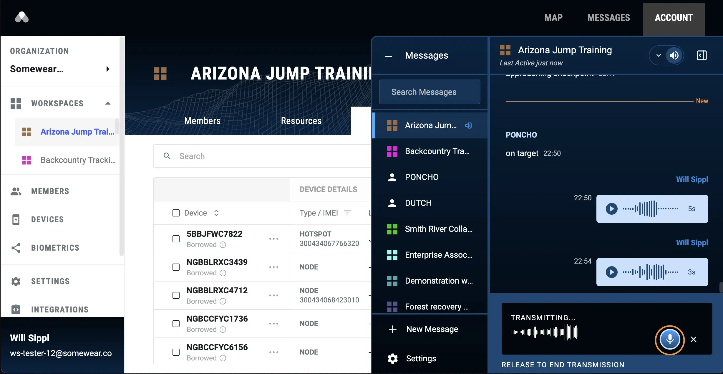 The messages panel open over the Devices page, Arizona Jump Training selected, with a broadcast transmitting — live waveform and "Release to end transmission."