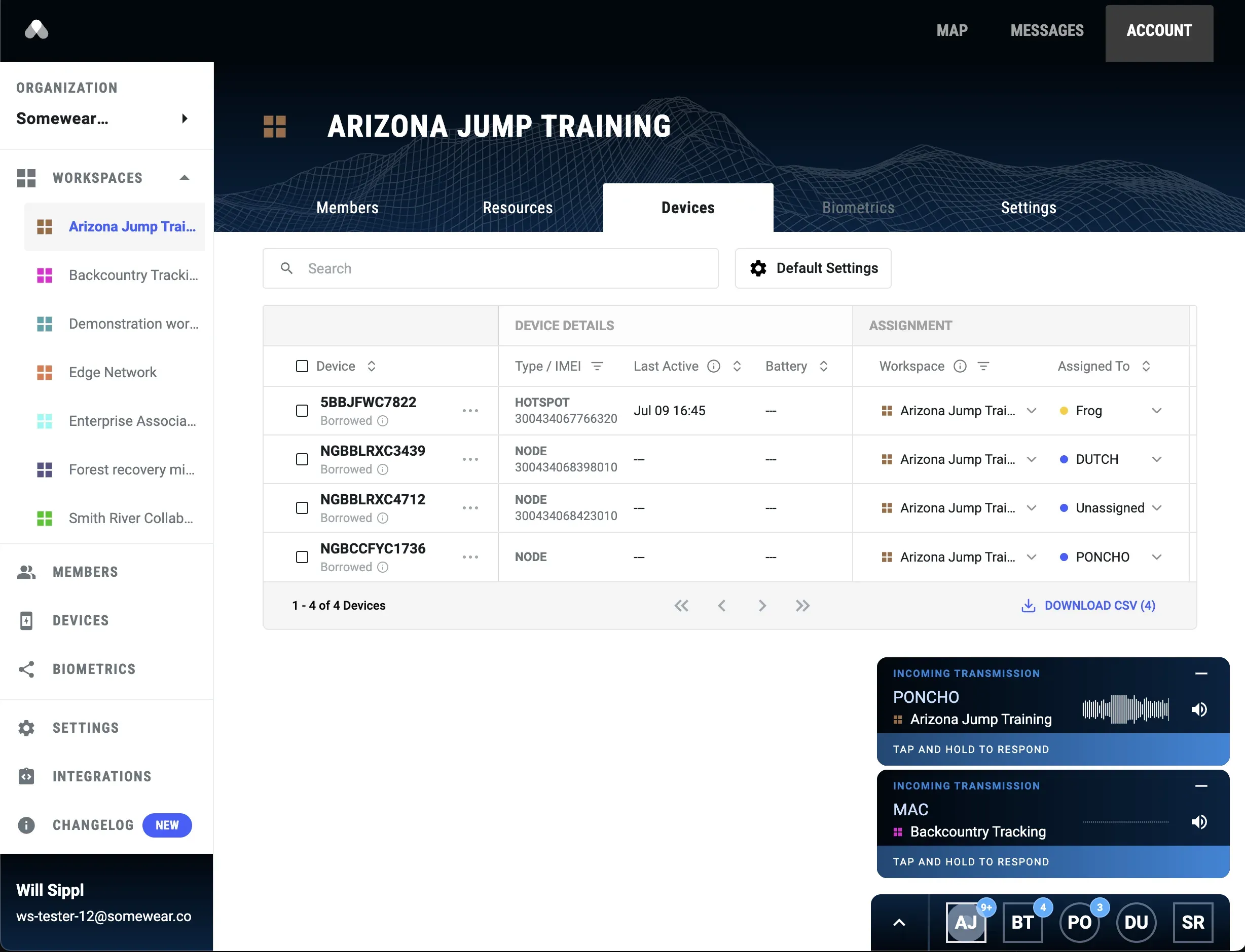 Two incoming-transmission cards stacked in the messages panel — one from Arizona Jump Training, one from Backcountry Tracking — with per-Workspace badge counts on the tab strip below.
