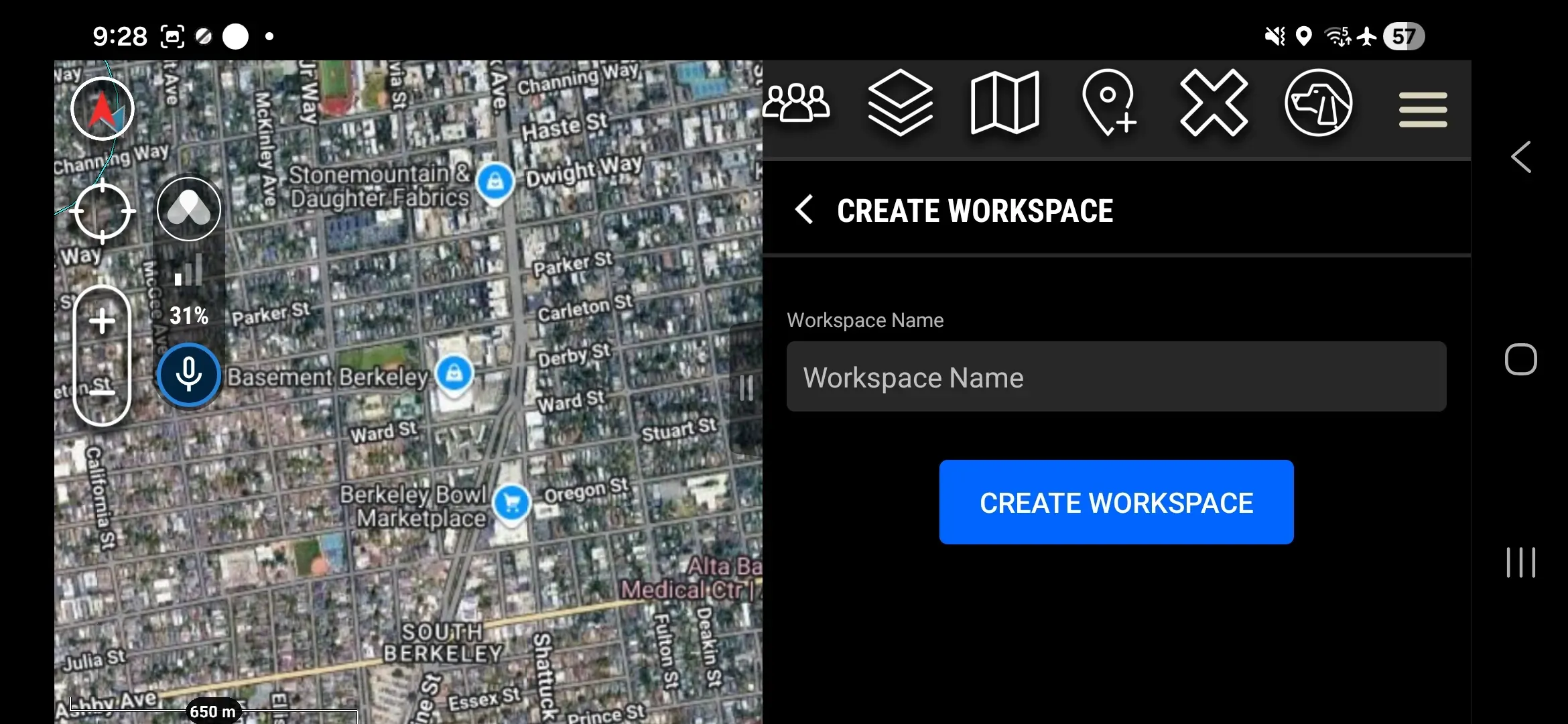 Create Workspace screen with the Workspace Name field