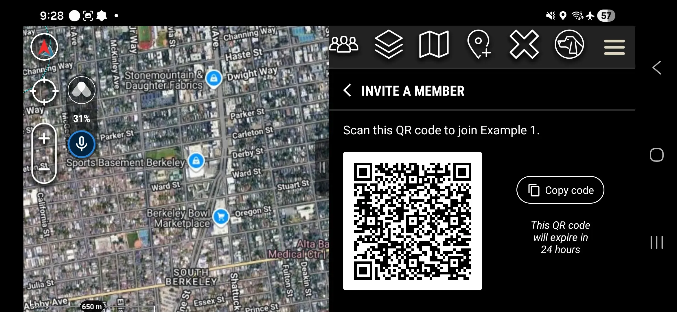 Invite a Member screen showing the QR code to join the local Workspace