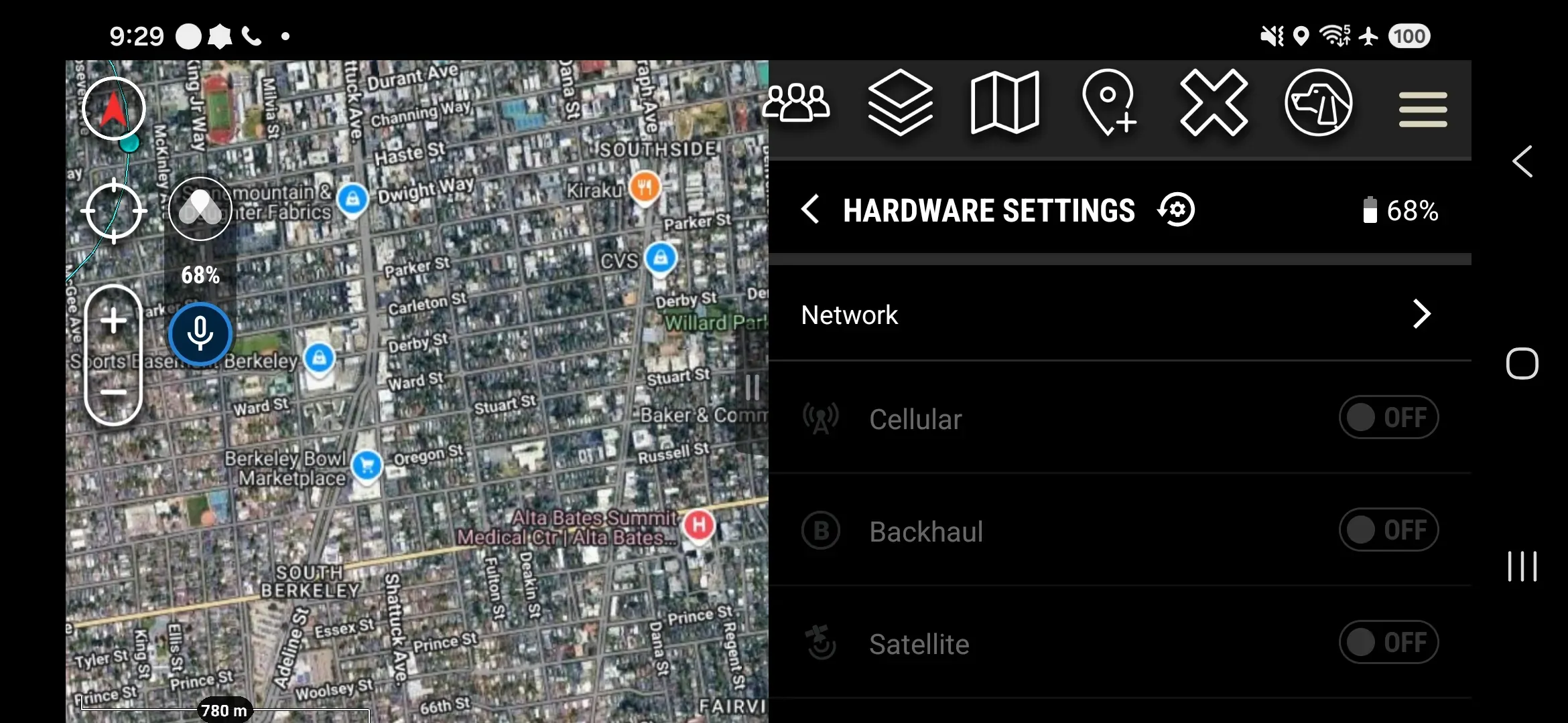Hardware Settings with the Cellular, Backhaul, and Satellite network paths switched off and greyed out