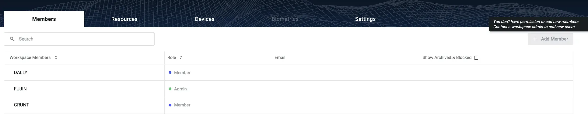 A non-Admin's Members tab showing the disabled Add Member button and the tooltip "You don't have permission to add new members. Contact a Workspace admin to add new users."