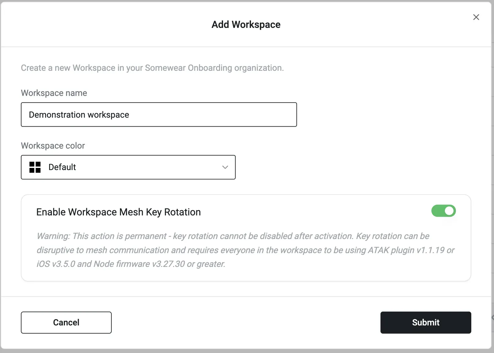 Add Workspace dialog showing name, color, and Enable Workspace Mesh Key Rotation