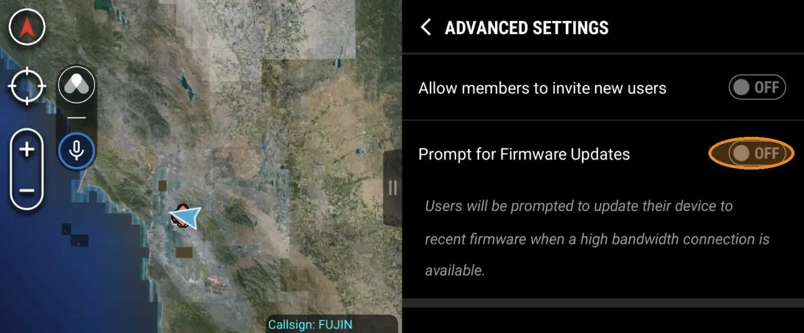 Advanced Settings screen in the ATAK plugin with the Prompt for Firmware Updates toggle switched off