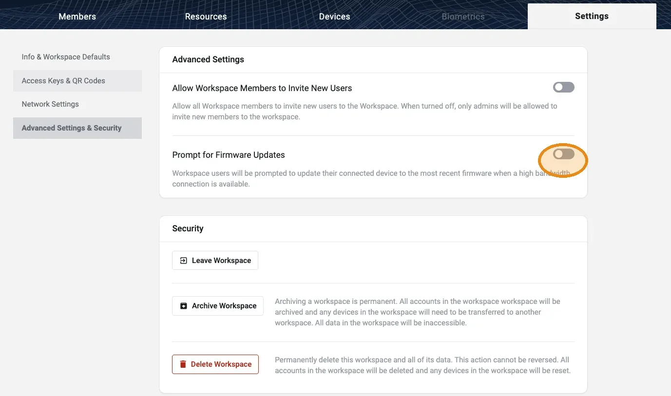Advanced Settings & Security panel in the web console with the Prompt for Firmware Updates toggle switched off