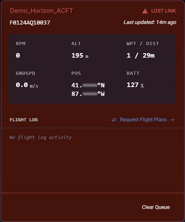 Horizon UI — aircraft card, Lost Link