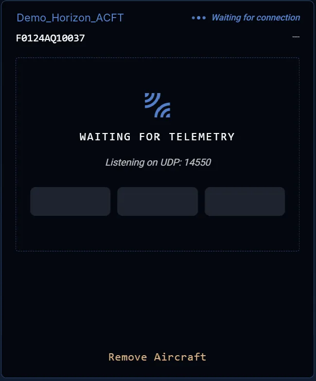 Horizon UI — aircraft card, Waiting for telemetry