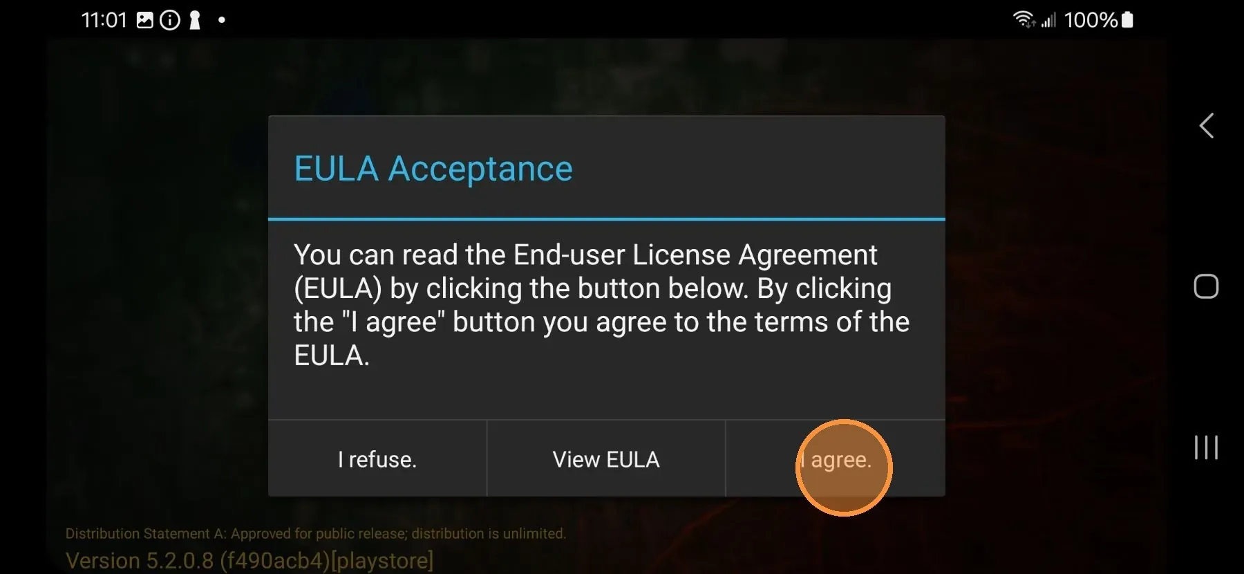 ATAK-CIV End User License Agreement screen with Accept button