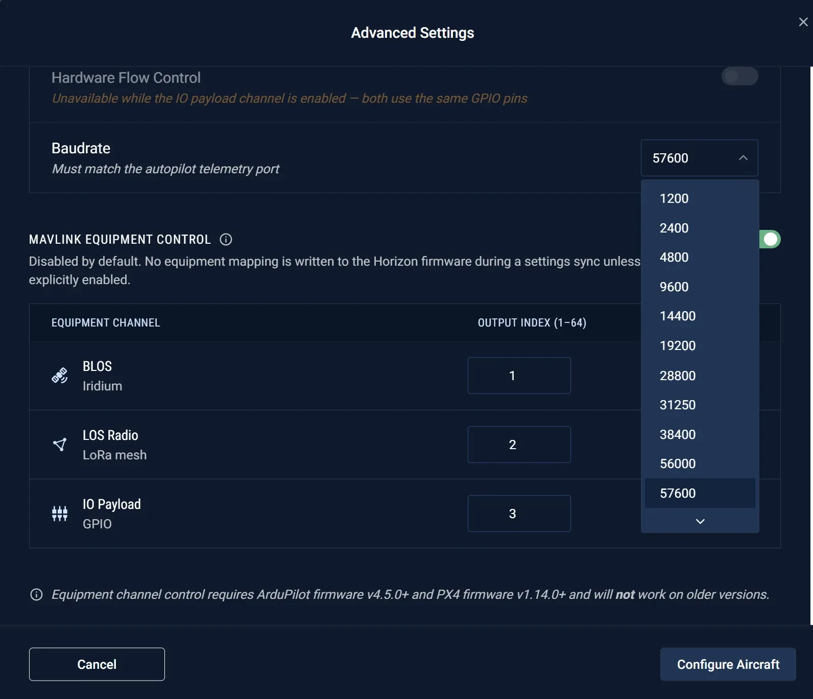The Baudrate dropdown in Advanced Settings