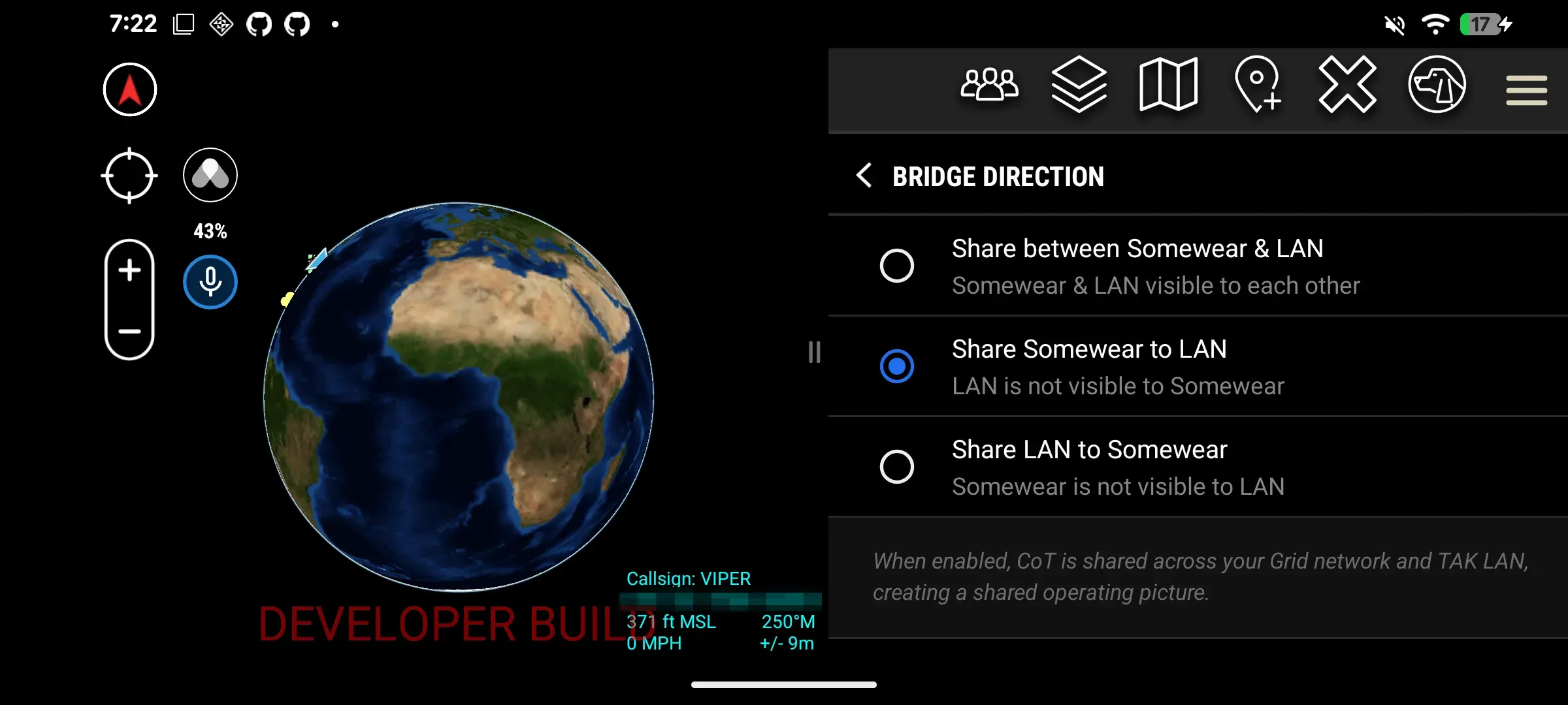 Bridge Direction selection screen showing the options Share between Somewear & LAN, Share Somewear to LAN, and Share LAN to Somewear