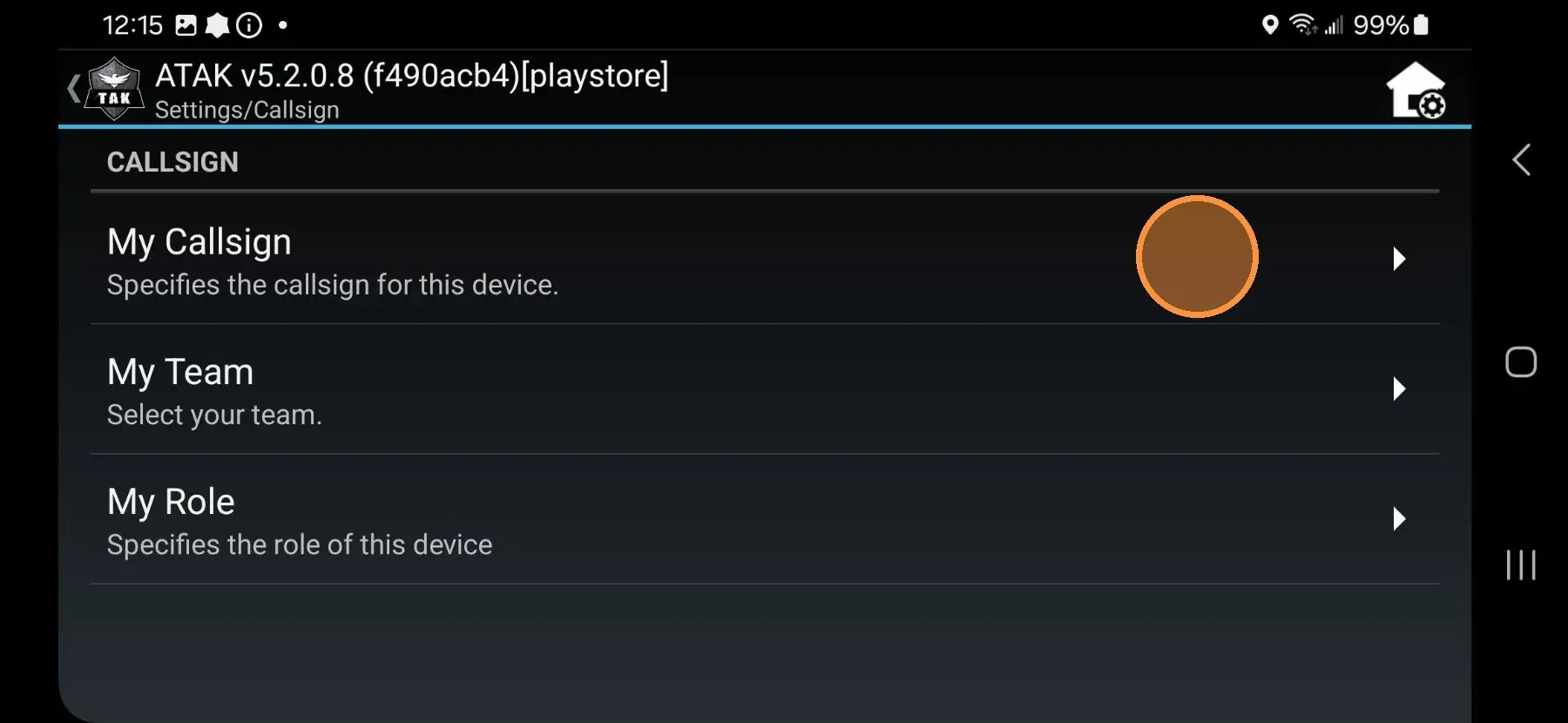 Callsign entry field showing the My Callsign text input in the Callsign and Device Preferences screen