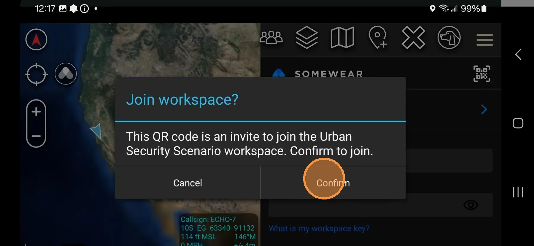 Confirm prompt showing the Workspace name with Join and Cancel buttons