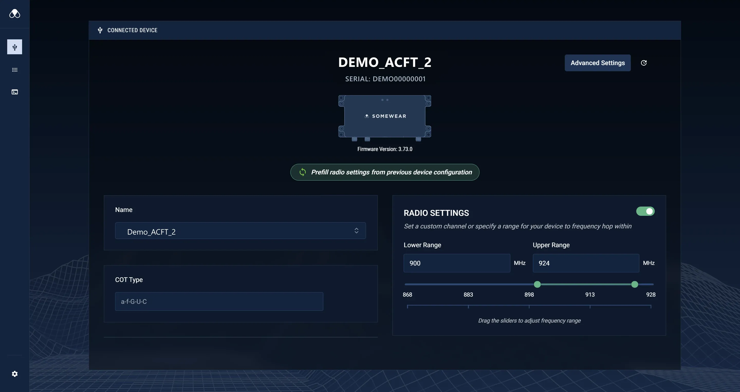 The Advanced Settings button on the Connected Device screen