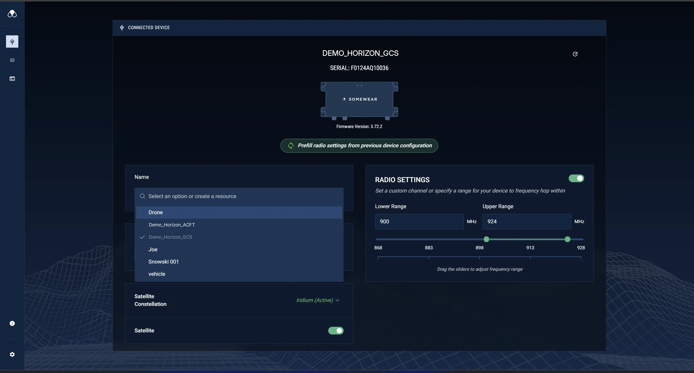 Horizon UI — selecting a device Name resource