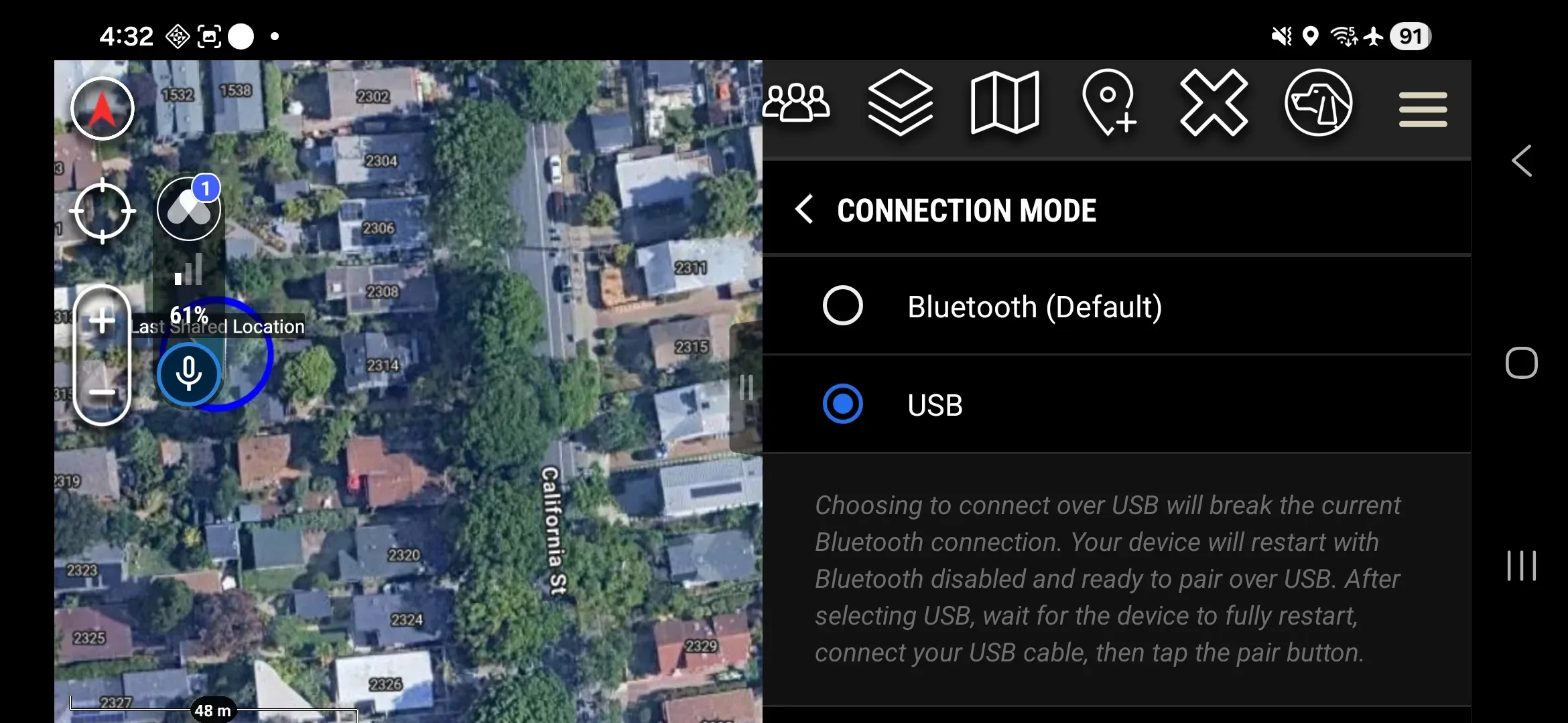Connection Mode selection screen showing USB option