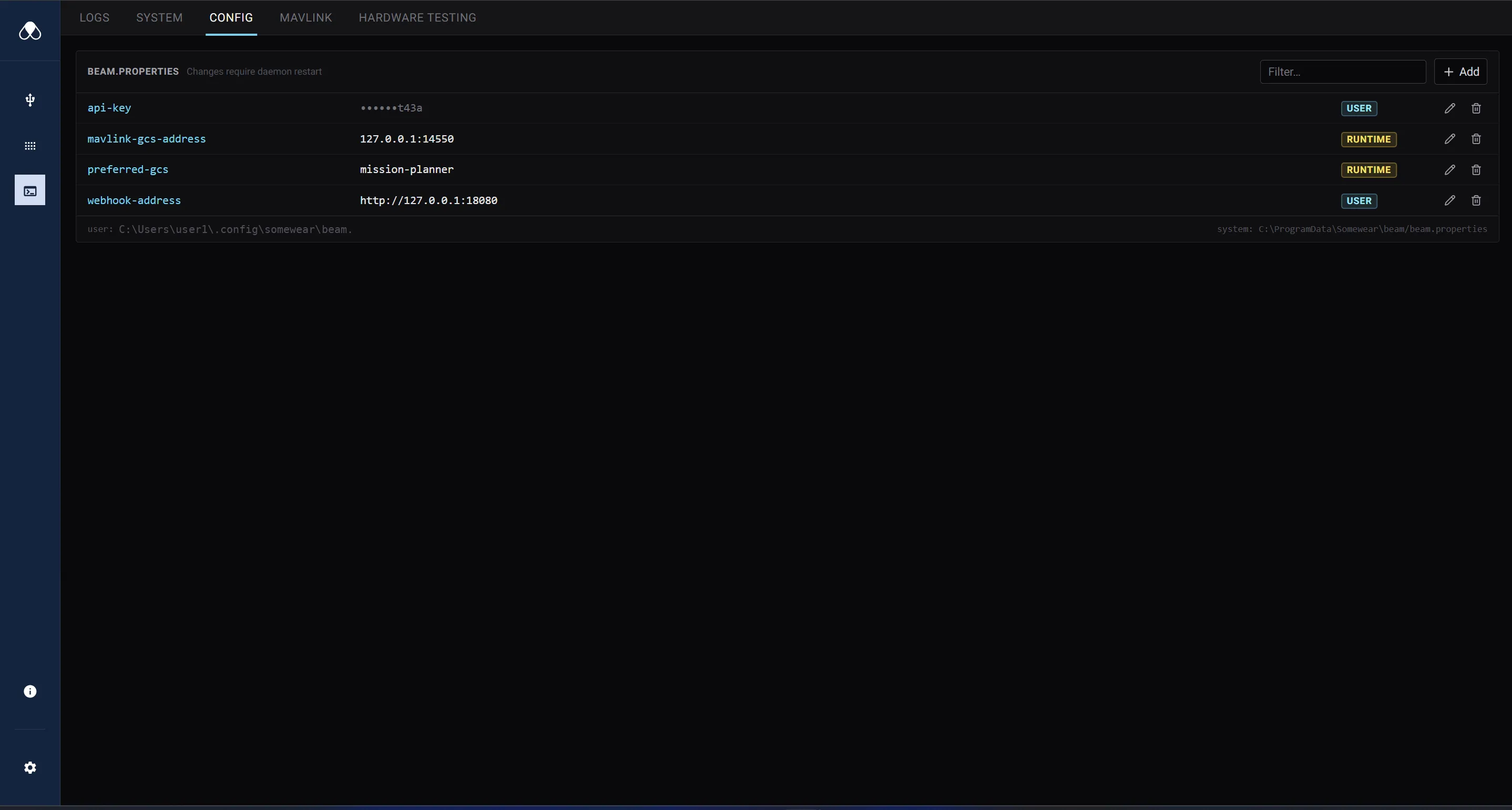 Horizon UI — Diagnostics, Config tab