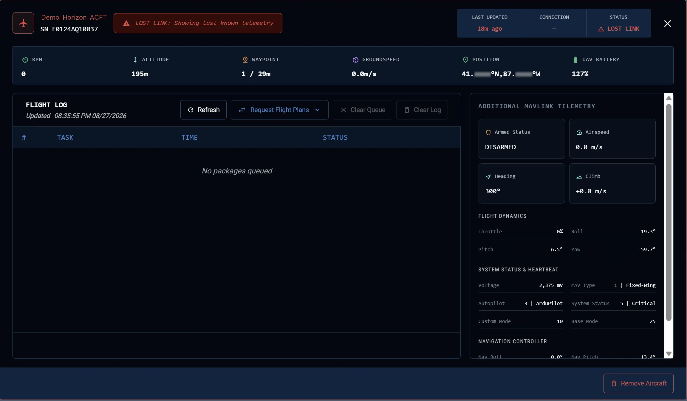 Horizon UI — aircraft detail, Lost Link