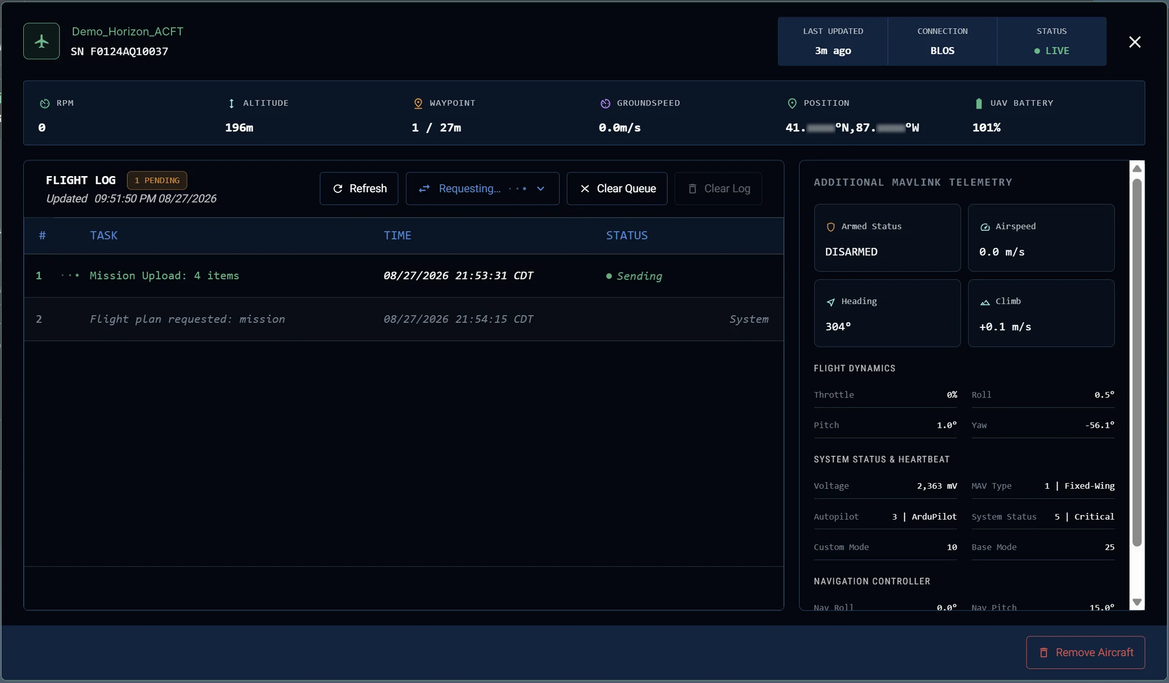 Horizon UI — aircraft detail, Live over BLOS