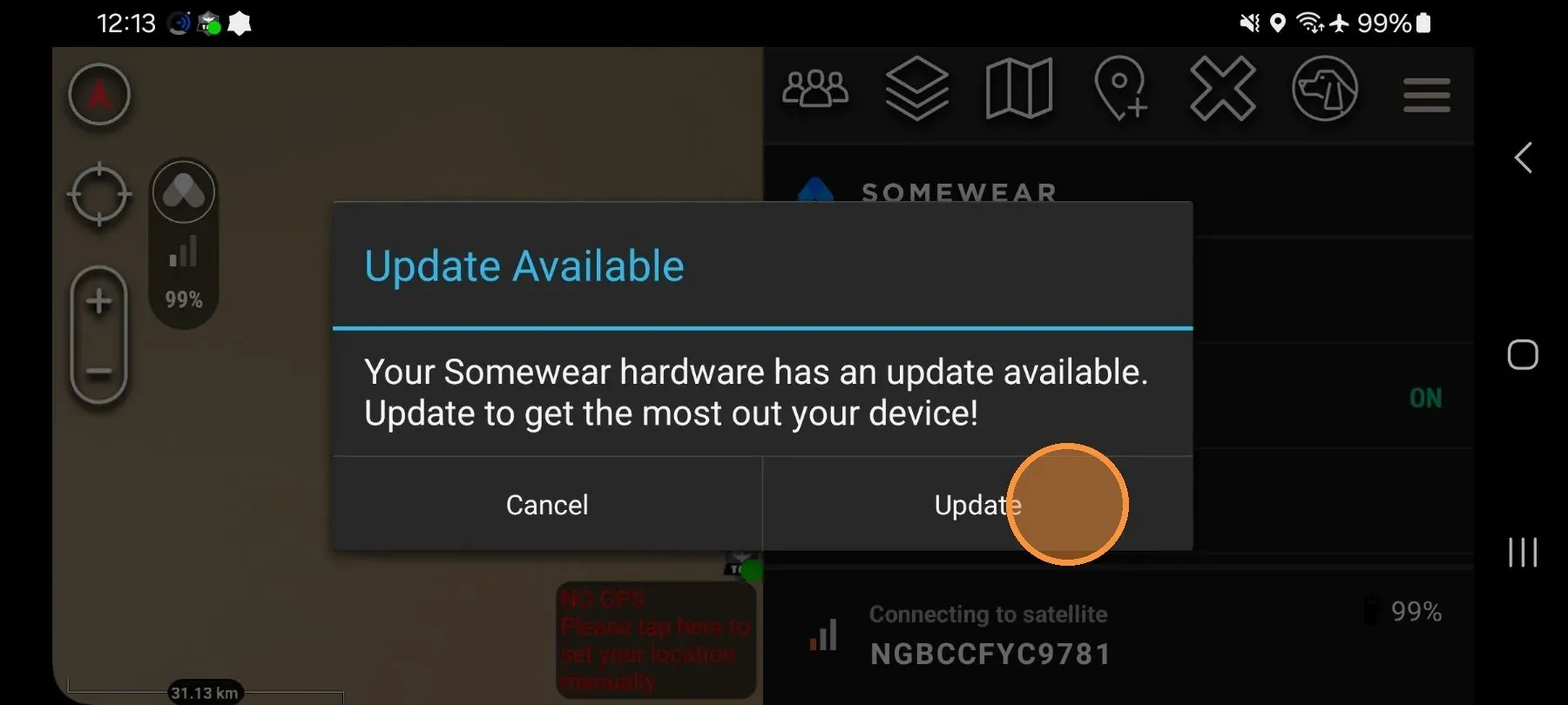 Firmware update prompt displayed in the ATAK plugin