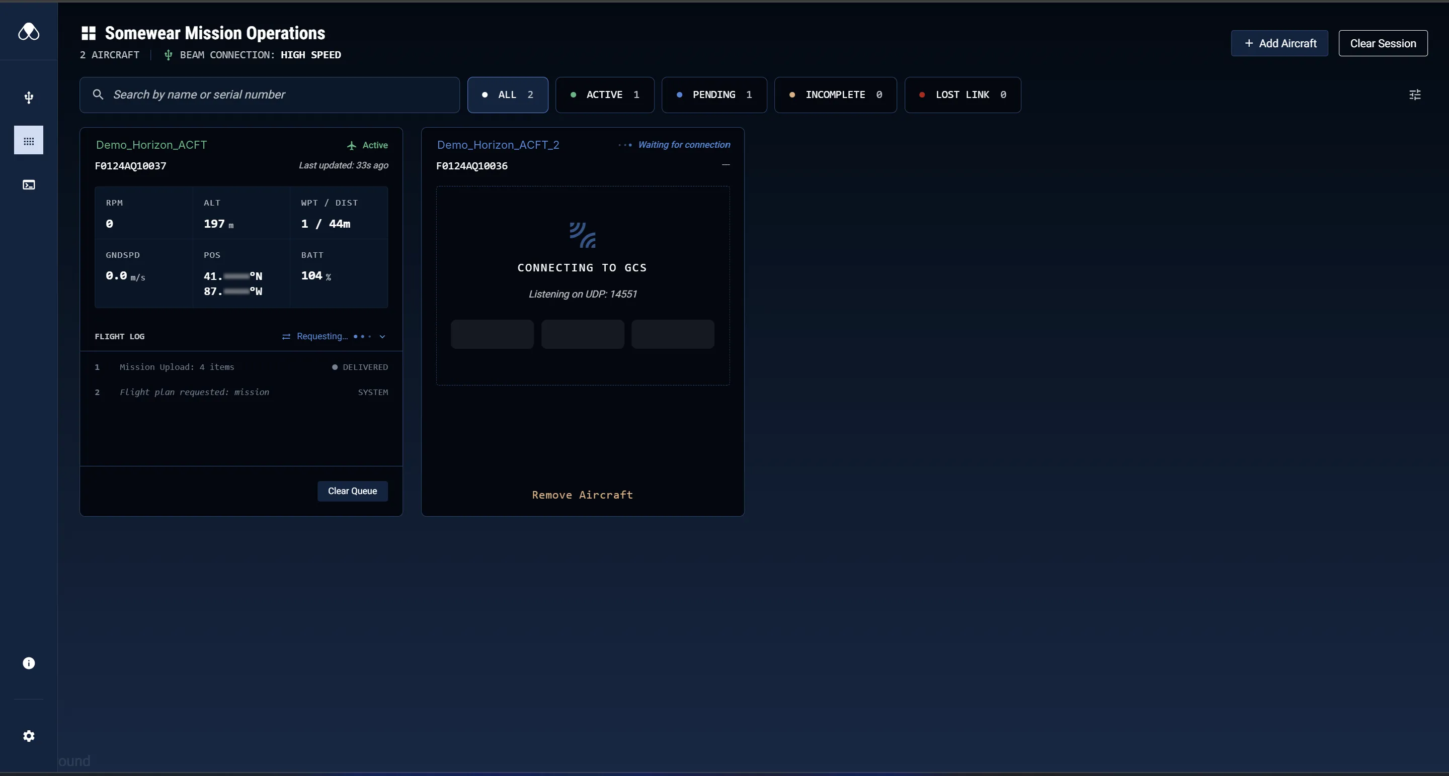 Horizon UI — Active and Connecting to GCS cards