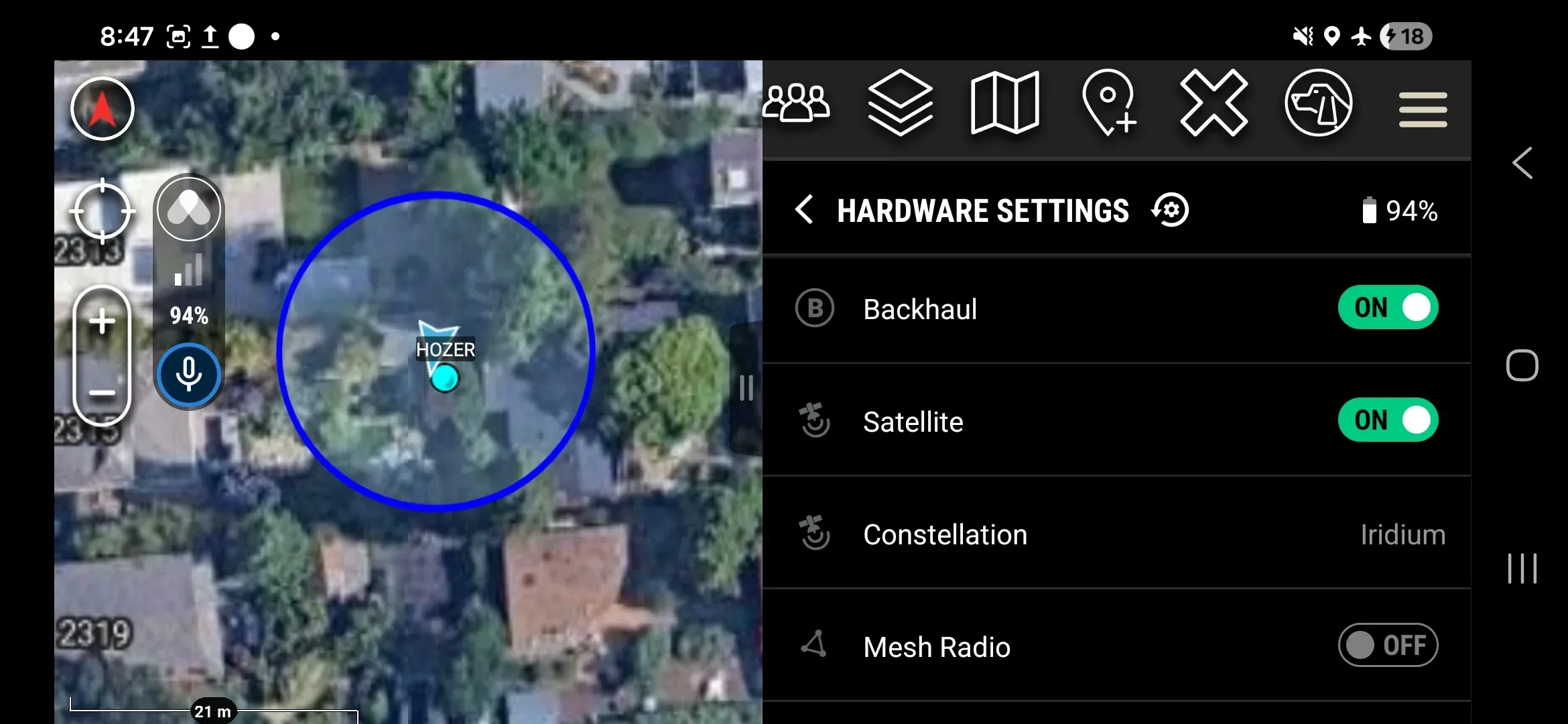 Hardware Settings with Mesh Radio toggled OFF, Backhaul and Satellite ON