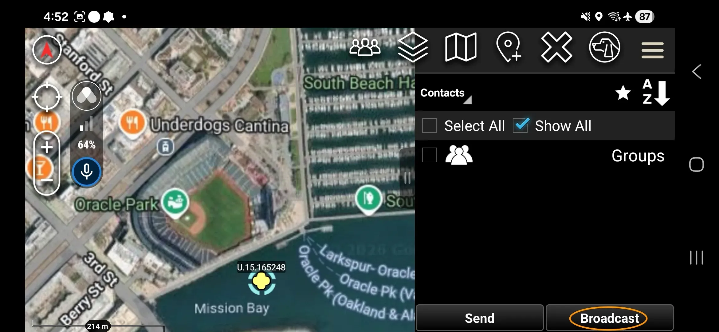 A placed marker's detail popup showing Send and Broadcast.