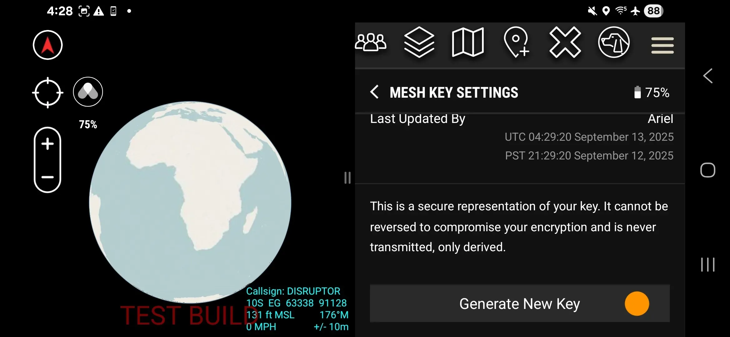Mesh Key Settings screen with the Generate New Key button.