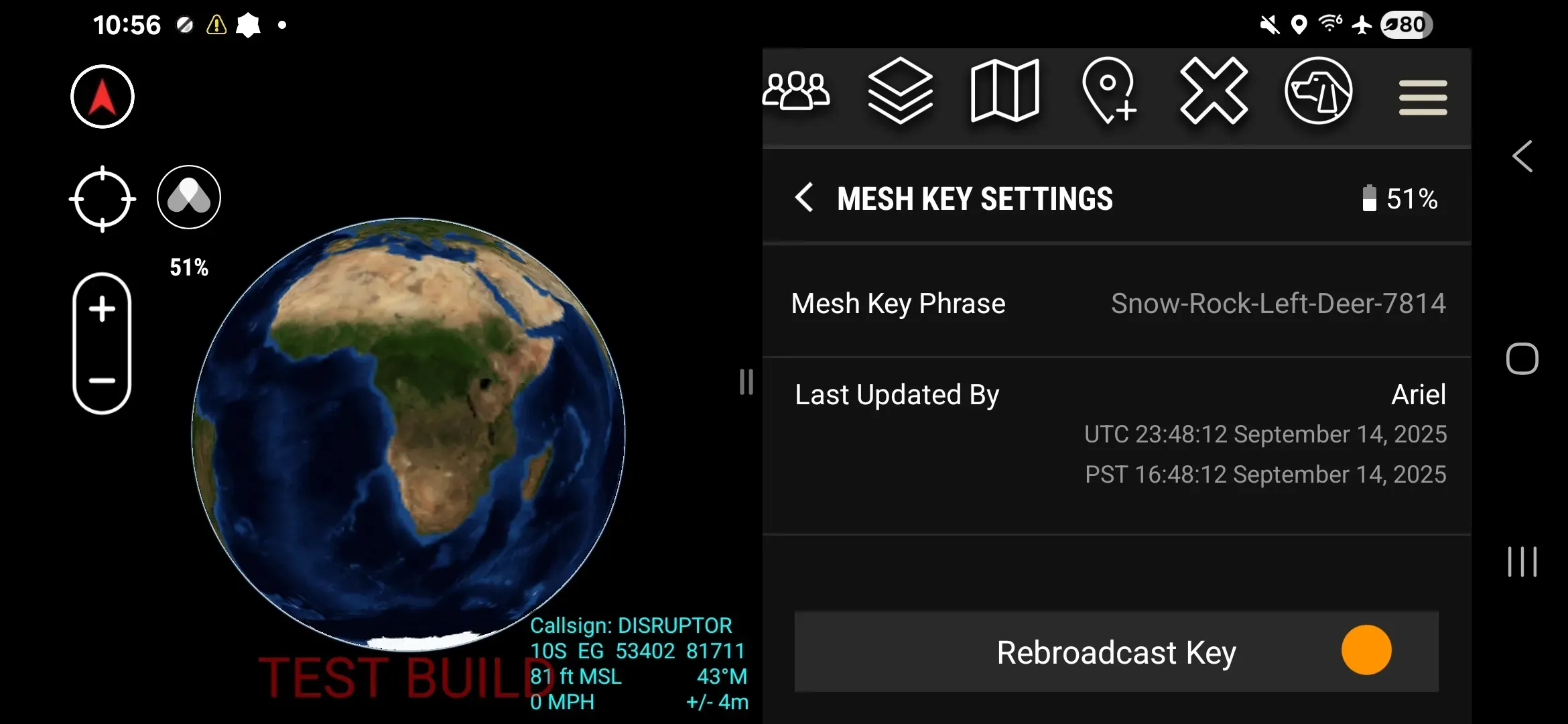 Mesh Key Settings (Member view) showing the key phrase and Rebroadcast Key button.