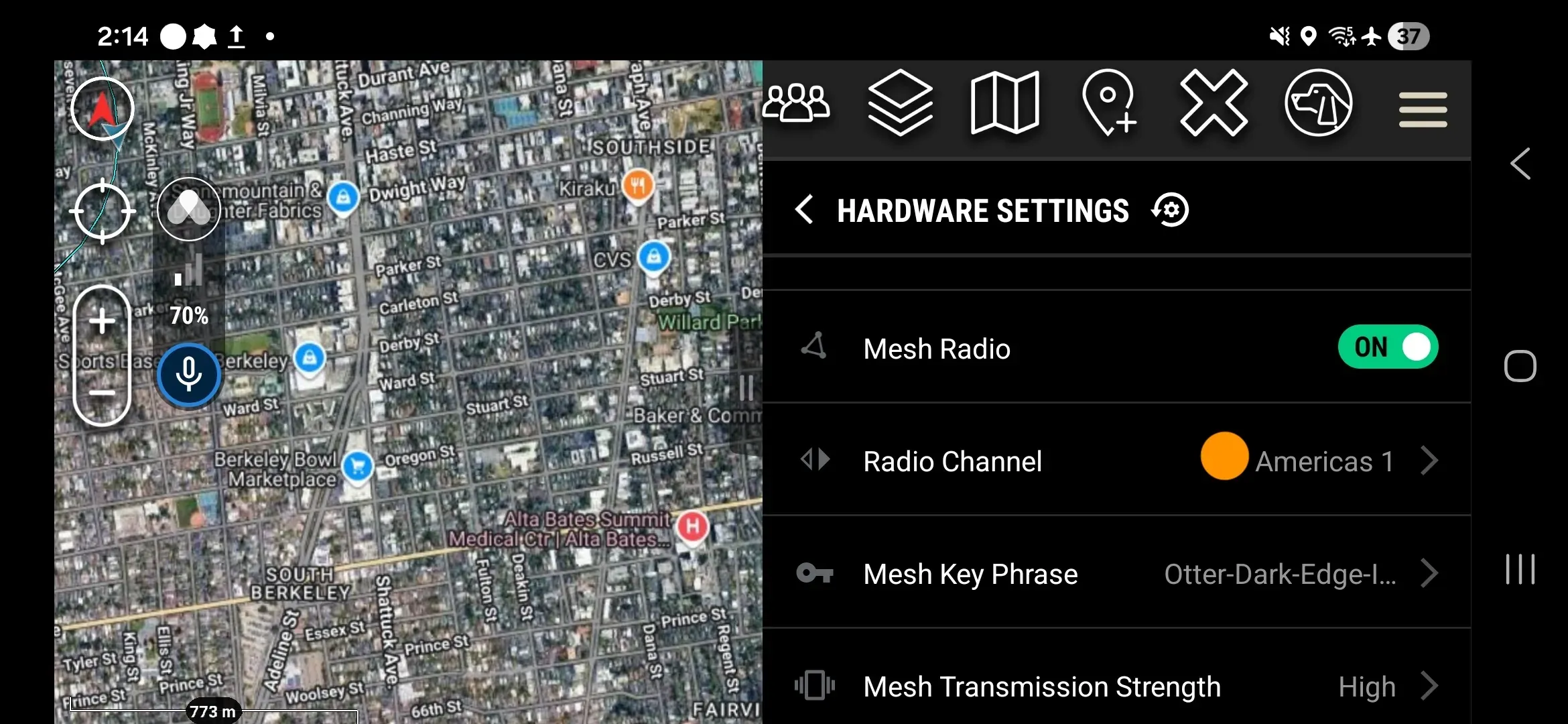 Mesh radio channel entry in Hardware Settings list