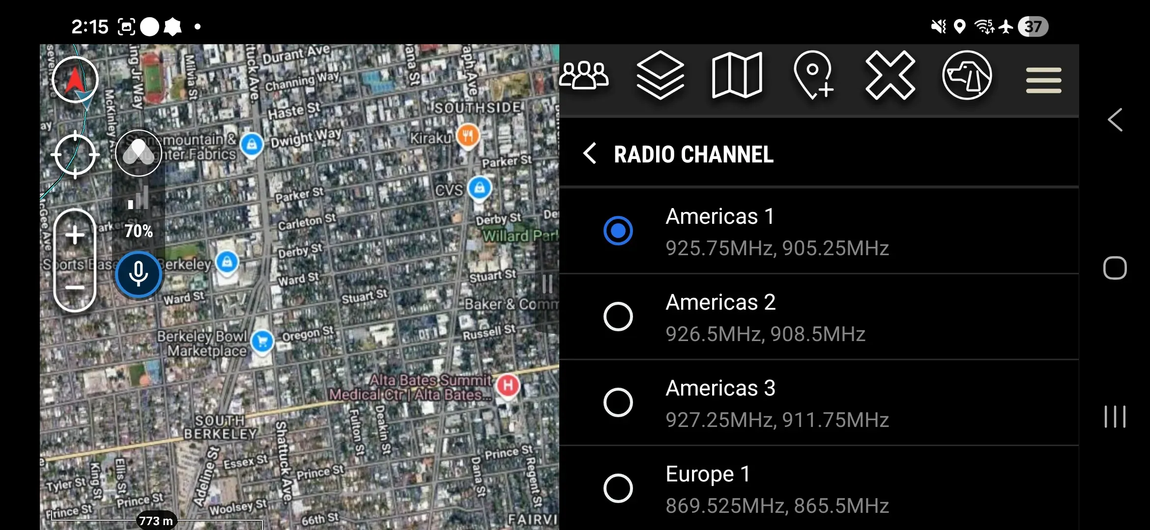Mesh Radio Channel selection screen showing Americas 1/2/3 options