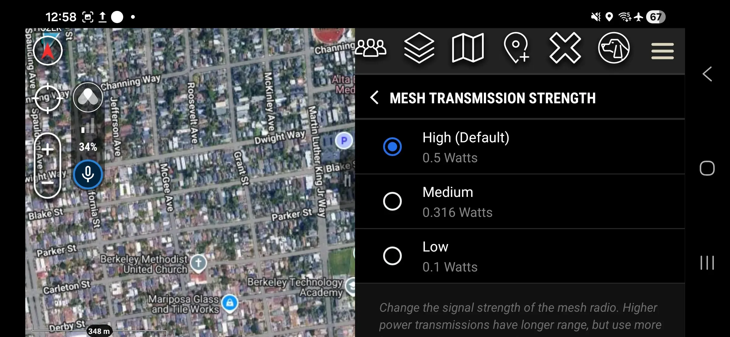 Mesh Transmission Strength selection screen showing High, Medium, and Low options