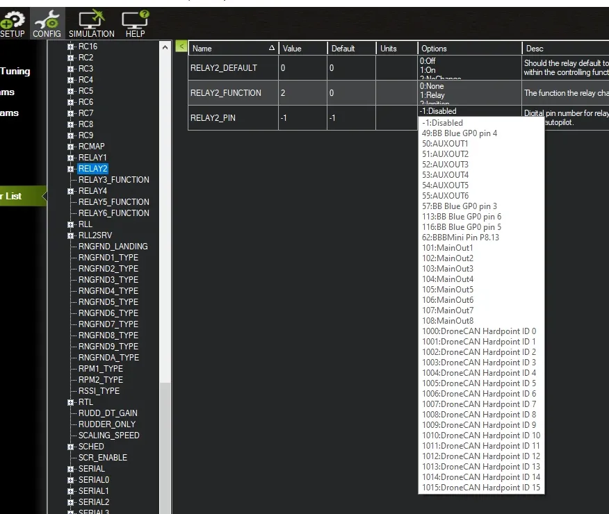 Mission Planner — RELAY parameters and the pin dropdown