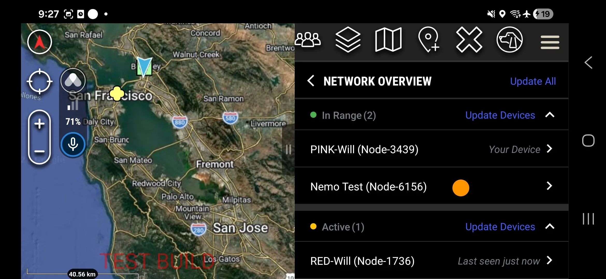 Network Overview screen showing device list with status color coding, In Range section expanded and Inactive section collapsed