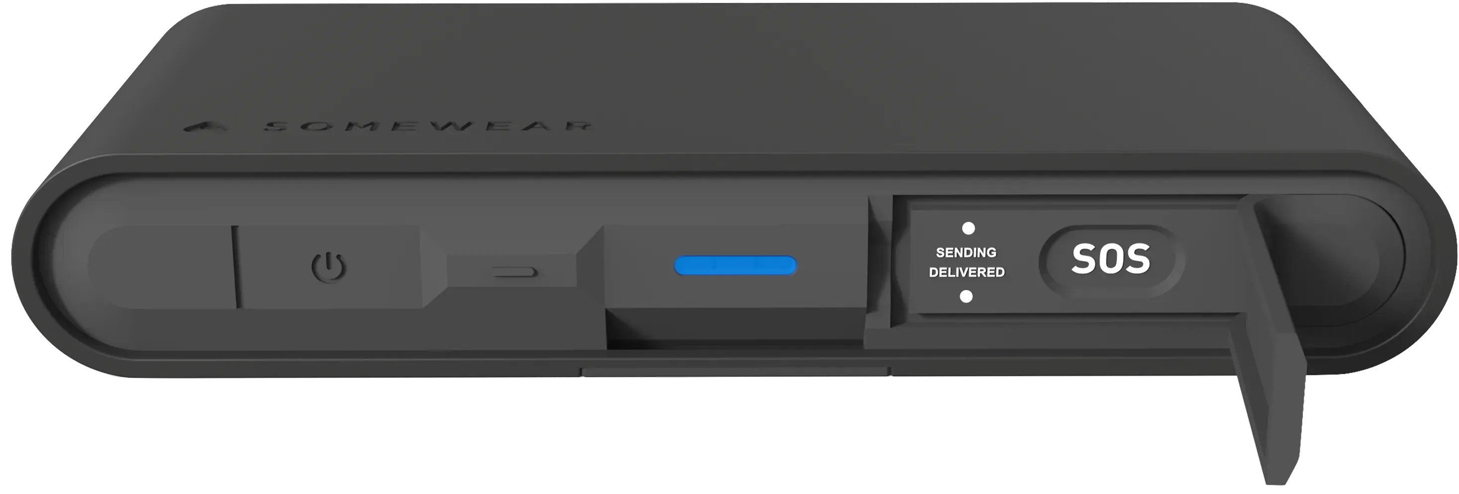 Node top face showing SOS button flap open