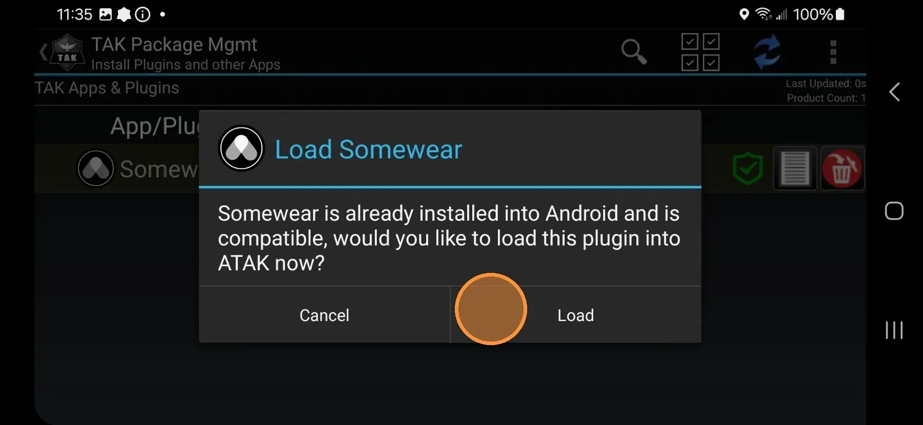 Plugin load confirmation screen