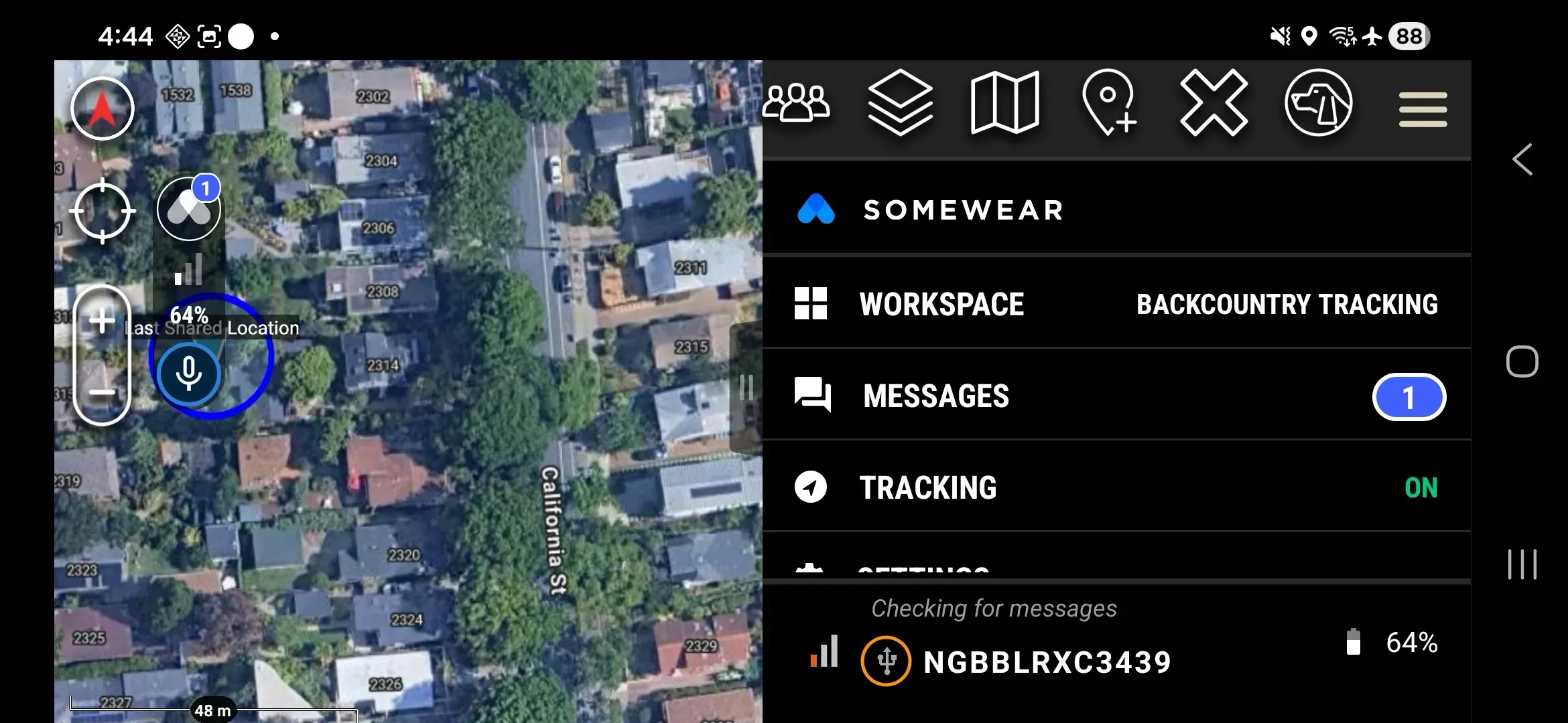 Plugin status bar showing the Node connected over USB