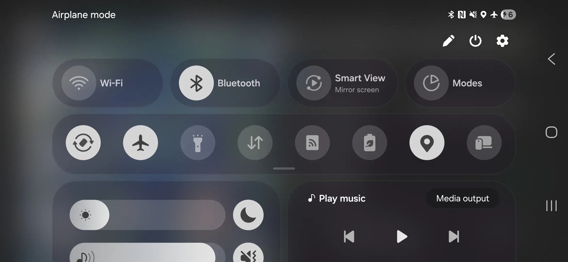 Android quick-settings panel with WiFi off, Airplane Mode on, and Bluetooth on