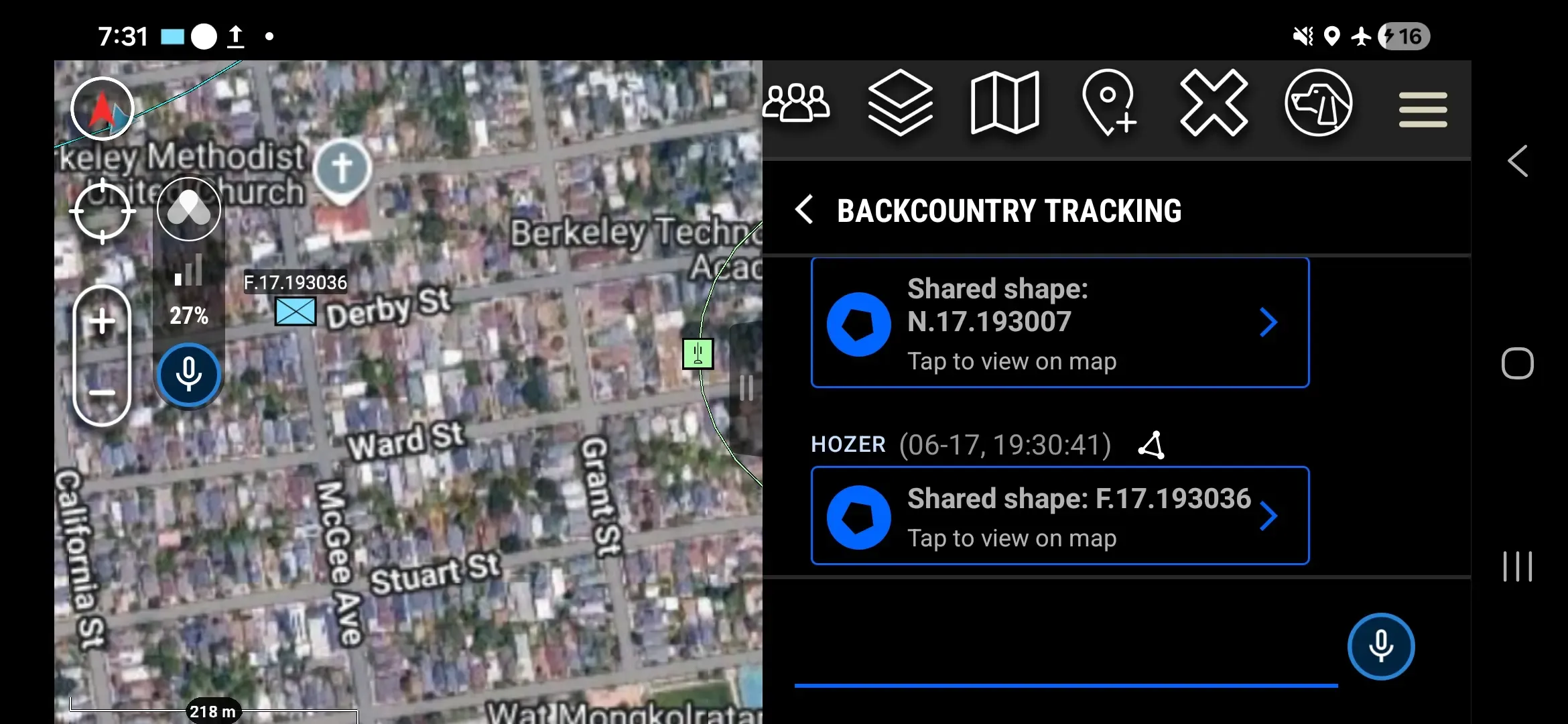 The Somewear chat window showing a "Shared shape" box with a "Tap to view on map" link.