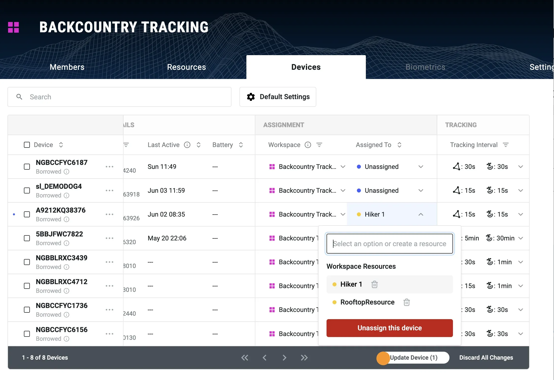 The Assigned To dropdown open on a Node's row, with Update Device in the footer.