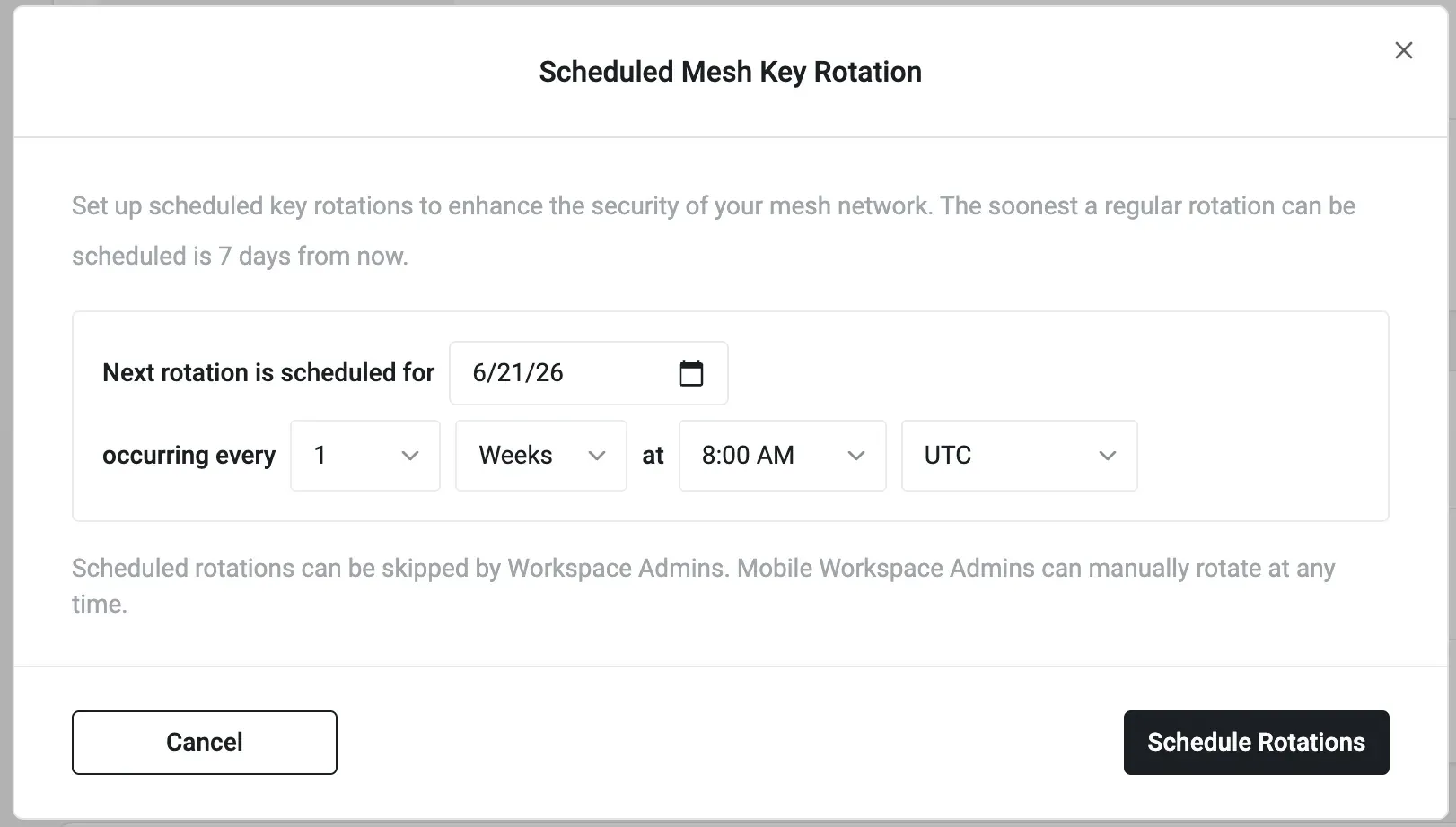 The Scheduled Mesh Key Rotation dialog in the web portal: first rotation date, interval, time of day, and timezone.