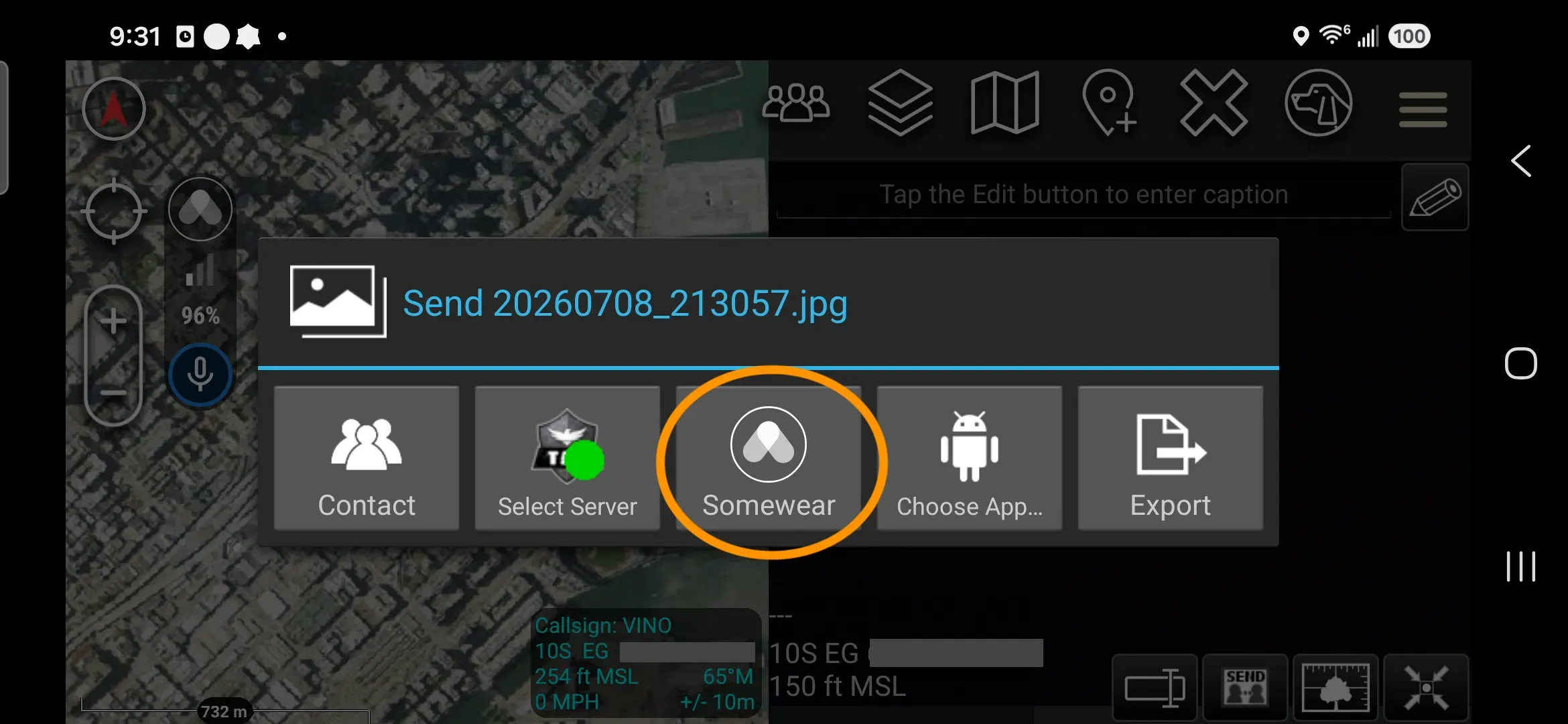 ATAK Send with attached file dialog with Somewear listed as a share target