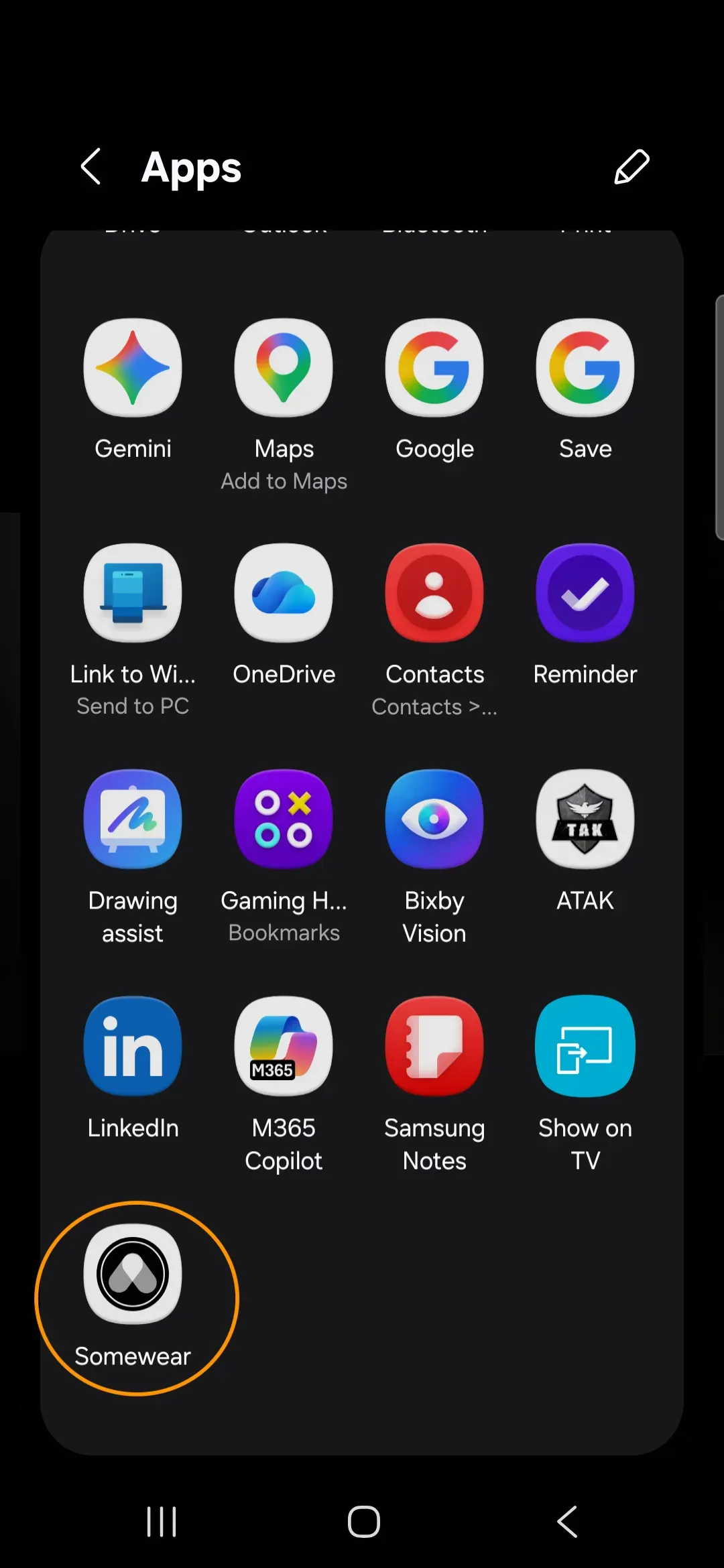 Expanded Android share picker after tapping More, with Somewear highlighted