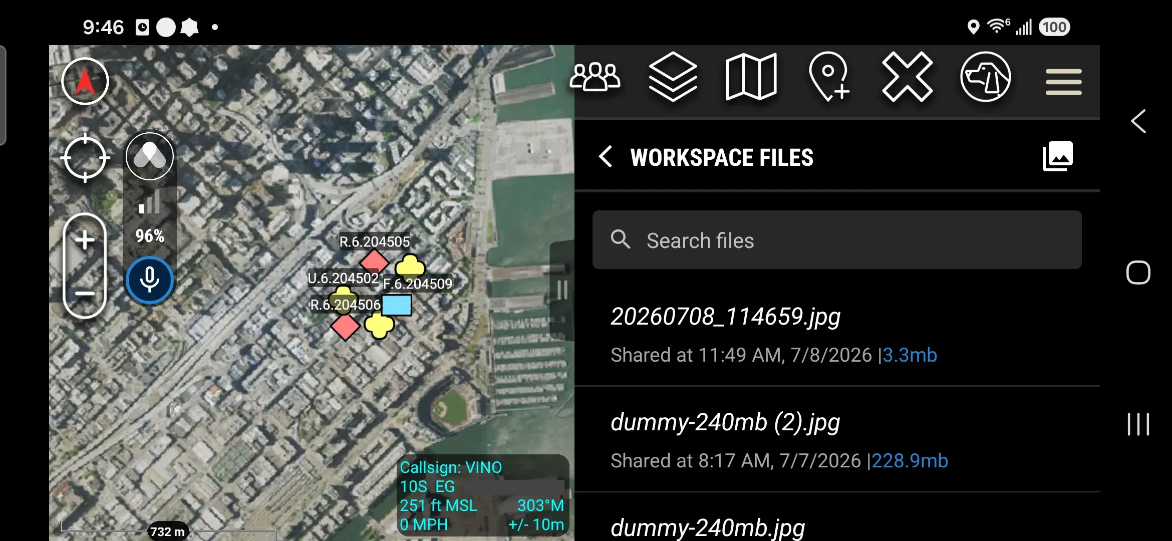 ATAK plugin Workspace Files list showing image, Data Package, and PDF entries with sender and timestamp
