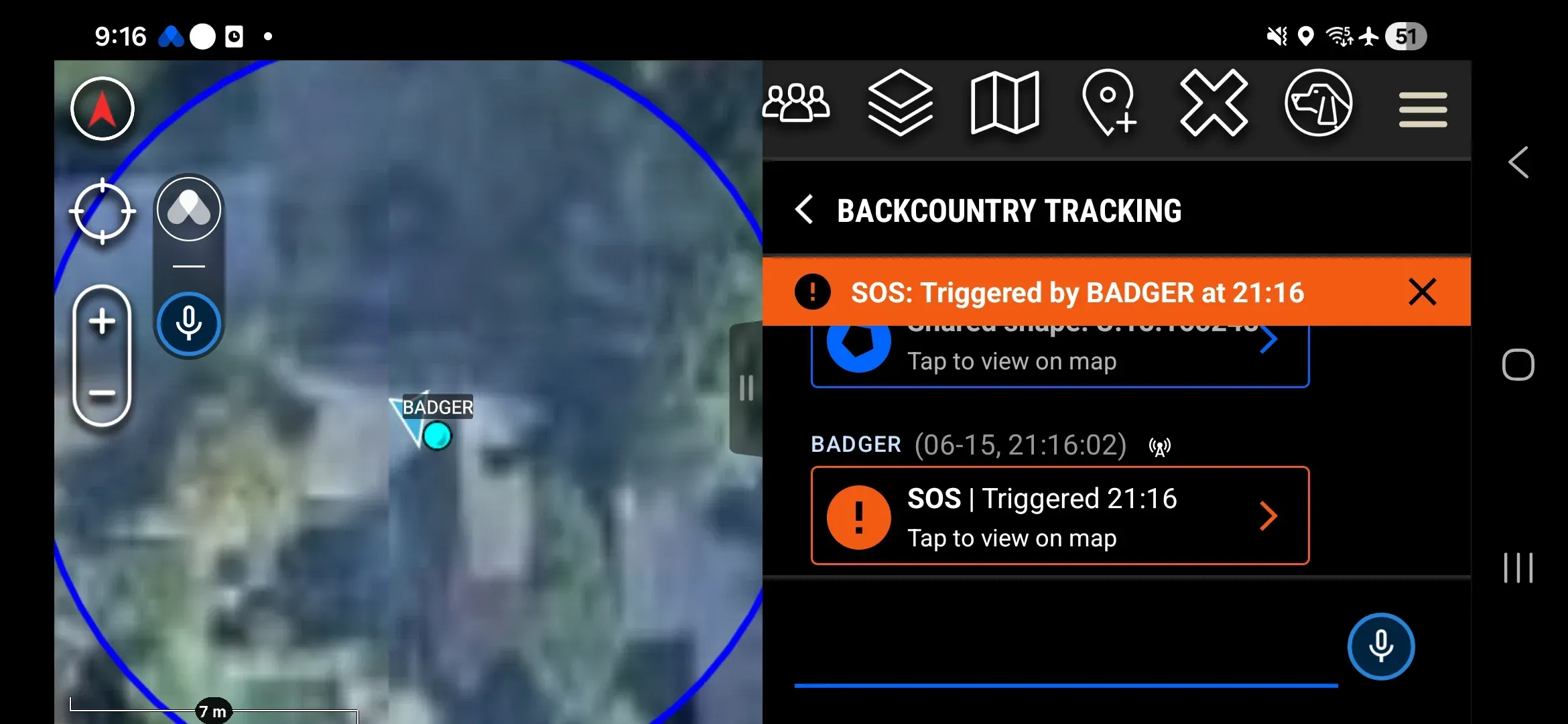 SOS alert on the ATAK map — orange banner and the triggering teammate's marker