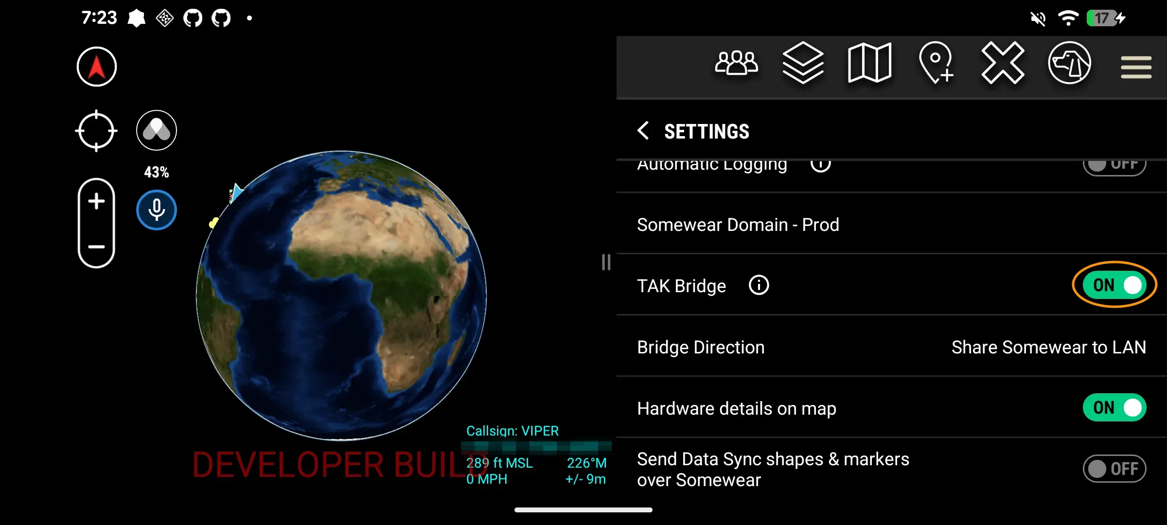 TAK Bridge toggled on in the Somewear ATAK plugin settings, with the Bridge Direction row shown below it