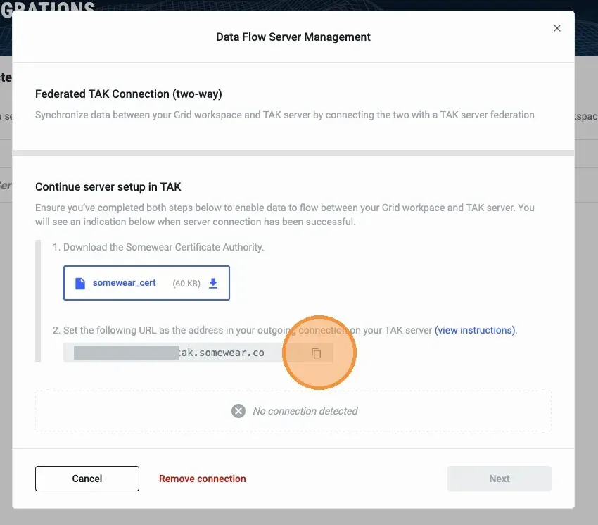 Copying the Outgoing Connection URL from Somewear.
