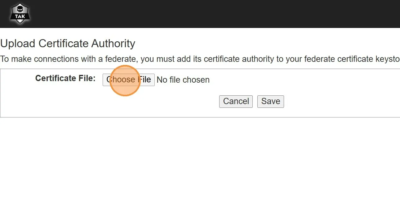 Uploading the Somewear certificate authority to the TAK server.
