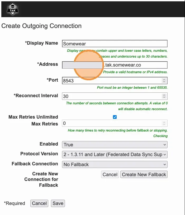 The Create Outgoing Connection form with display name, address, and port 8543.