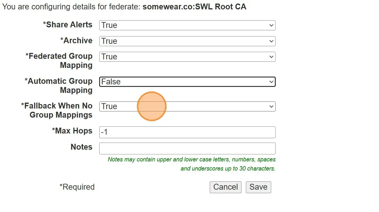 Federate config details with Federated Group Mapping True, Automatic Group Mapping False, and Fallback When No Group Mappings True.